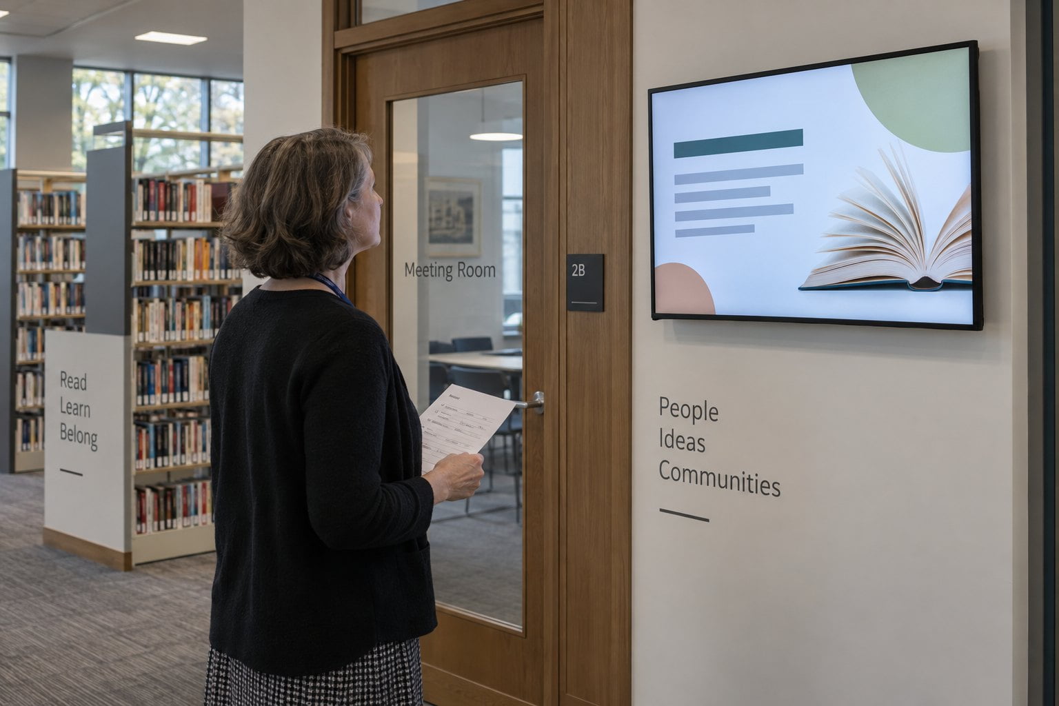 A staff member with a checklist reviews a wall-mounted library screen beside a meeting-room entrance.