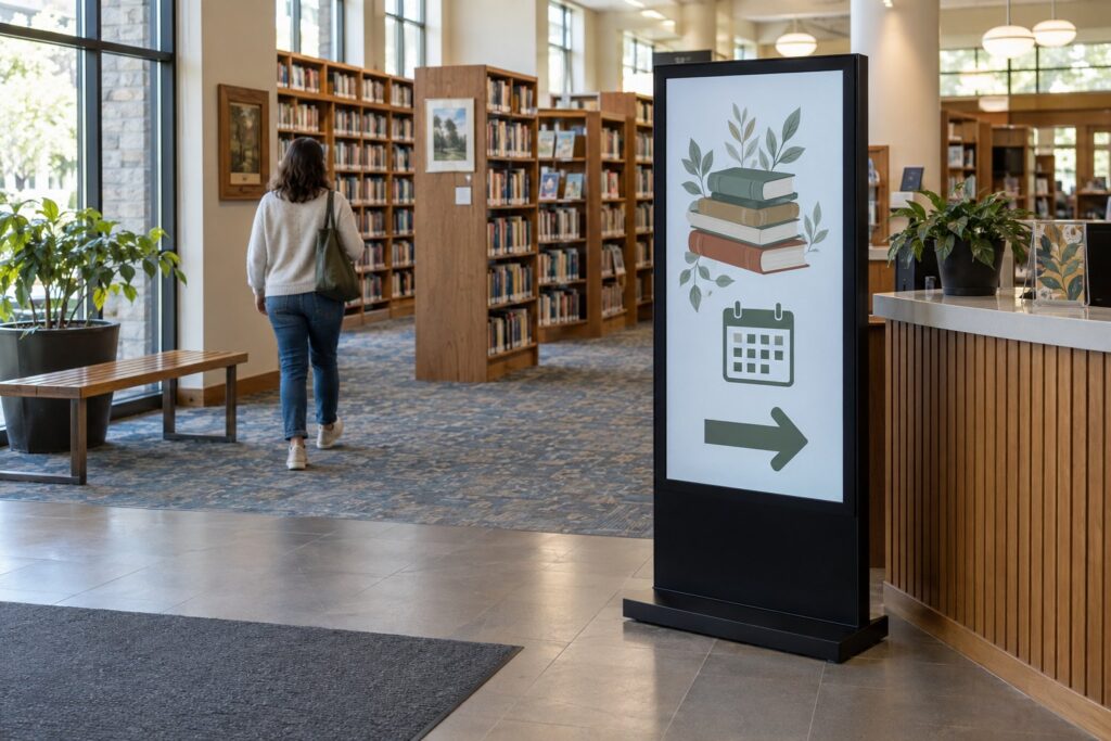 Ein freistehendes Bibliotheksdisplay zeigt Bücher, ein Kalendersymbol und einen Richtungspfeil neben einer Informationstheke.