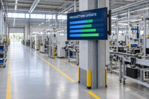 Production update display mounted on a structural column beside a factory pedestrian aisle