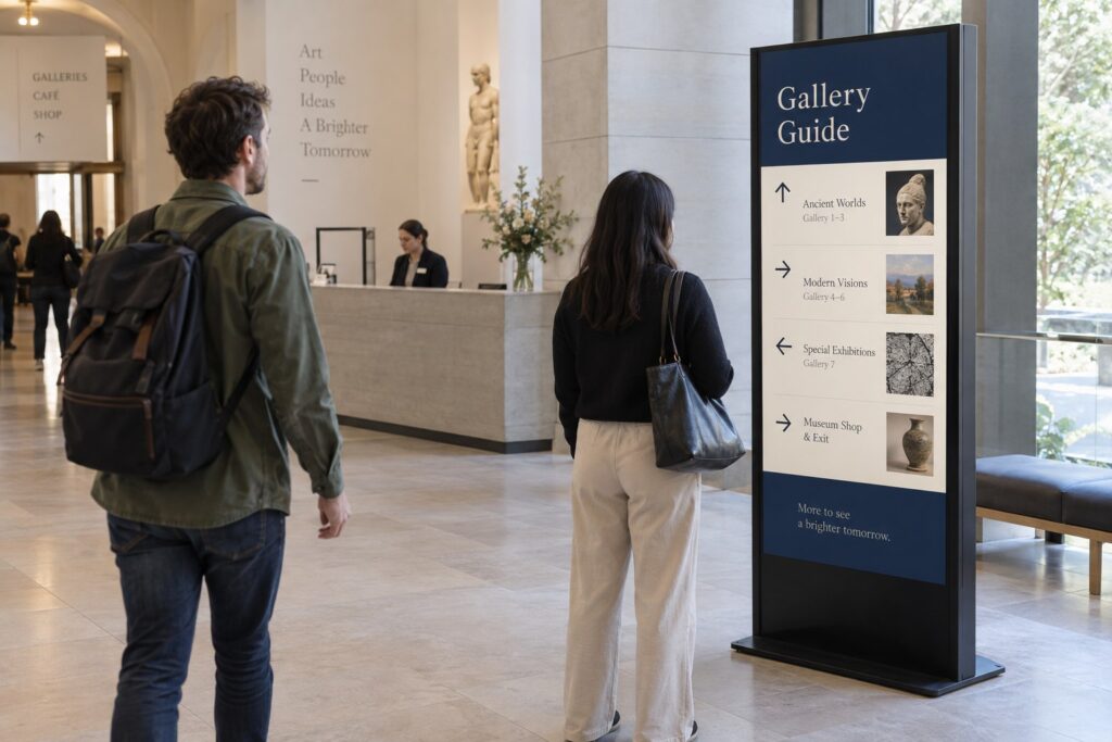 Zwei Besucher nähern sich in einer Museumslobby aus unterschiedlichen Richtungen einem digitalen Informationsdisplay im Hochformat.