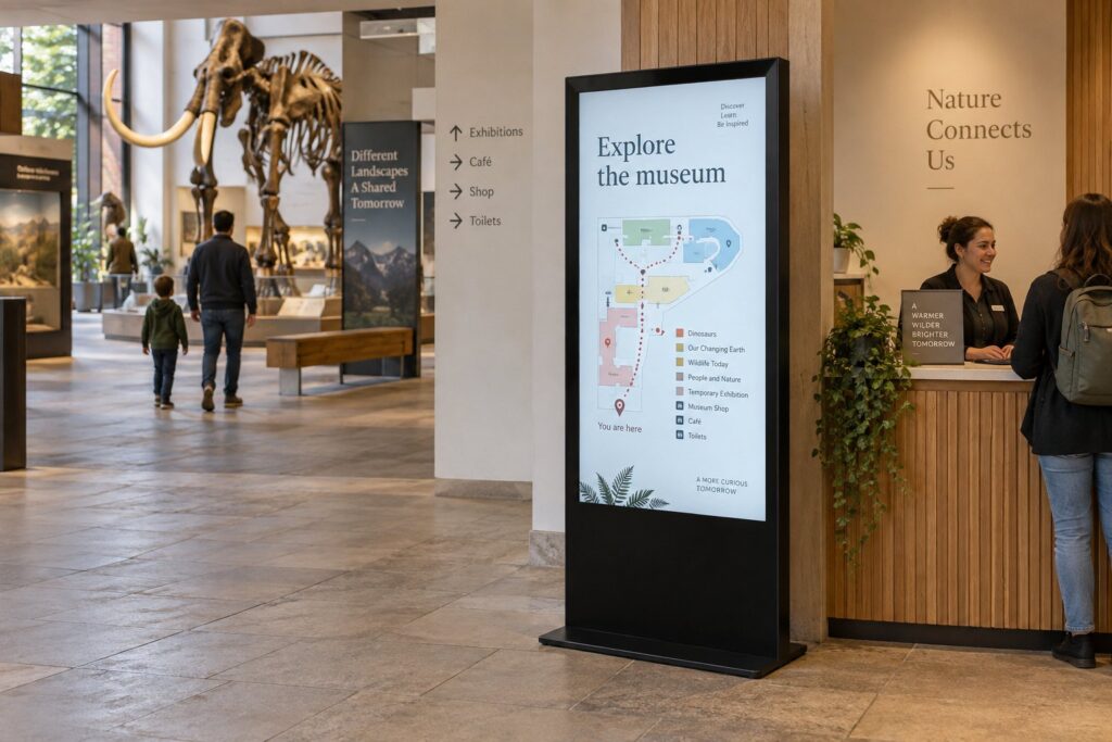 Ein freistehendes Hochformatdisplay neben einem Museumsempfang zeigt einen Besucherplan und die Überschrift zur Erkundung des Museums.