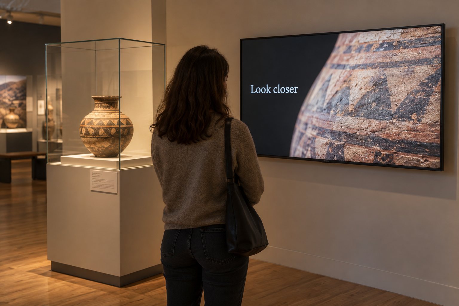 A visitor looks at a wall-mounted screen showing a close-up of pottery beside a vessel in a glass display case.