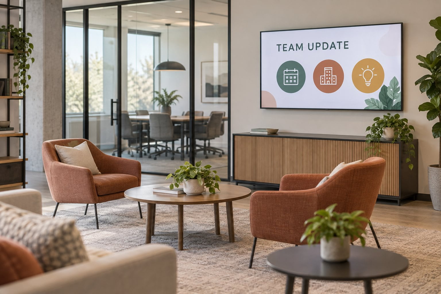 Commercial display showing a team update in an office employee lounge beside a meeting room