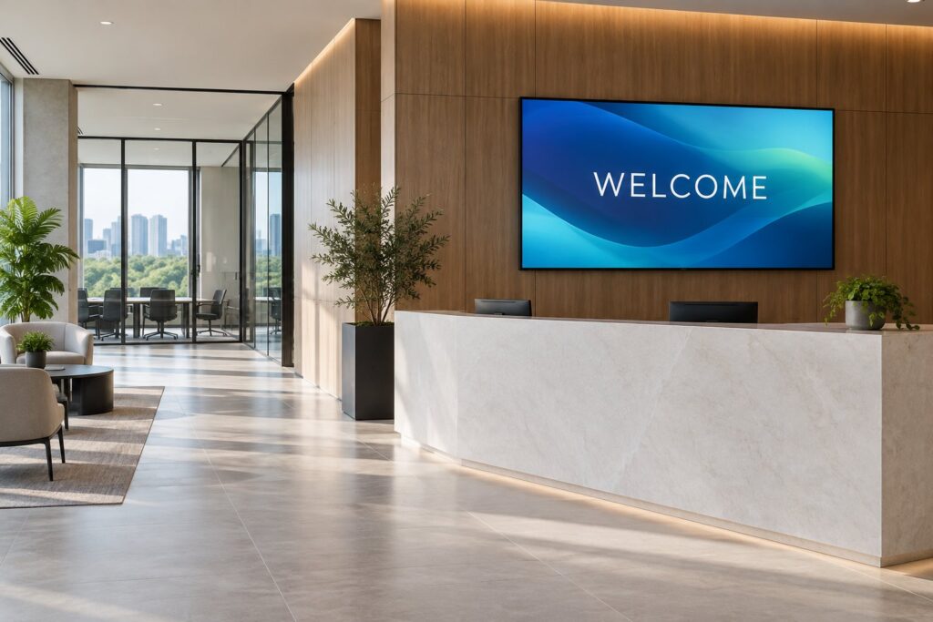 Wall-mounted welcome display behind a modern office reception desk