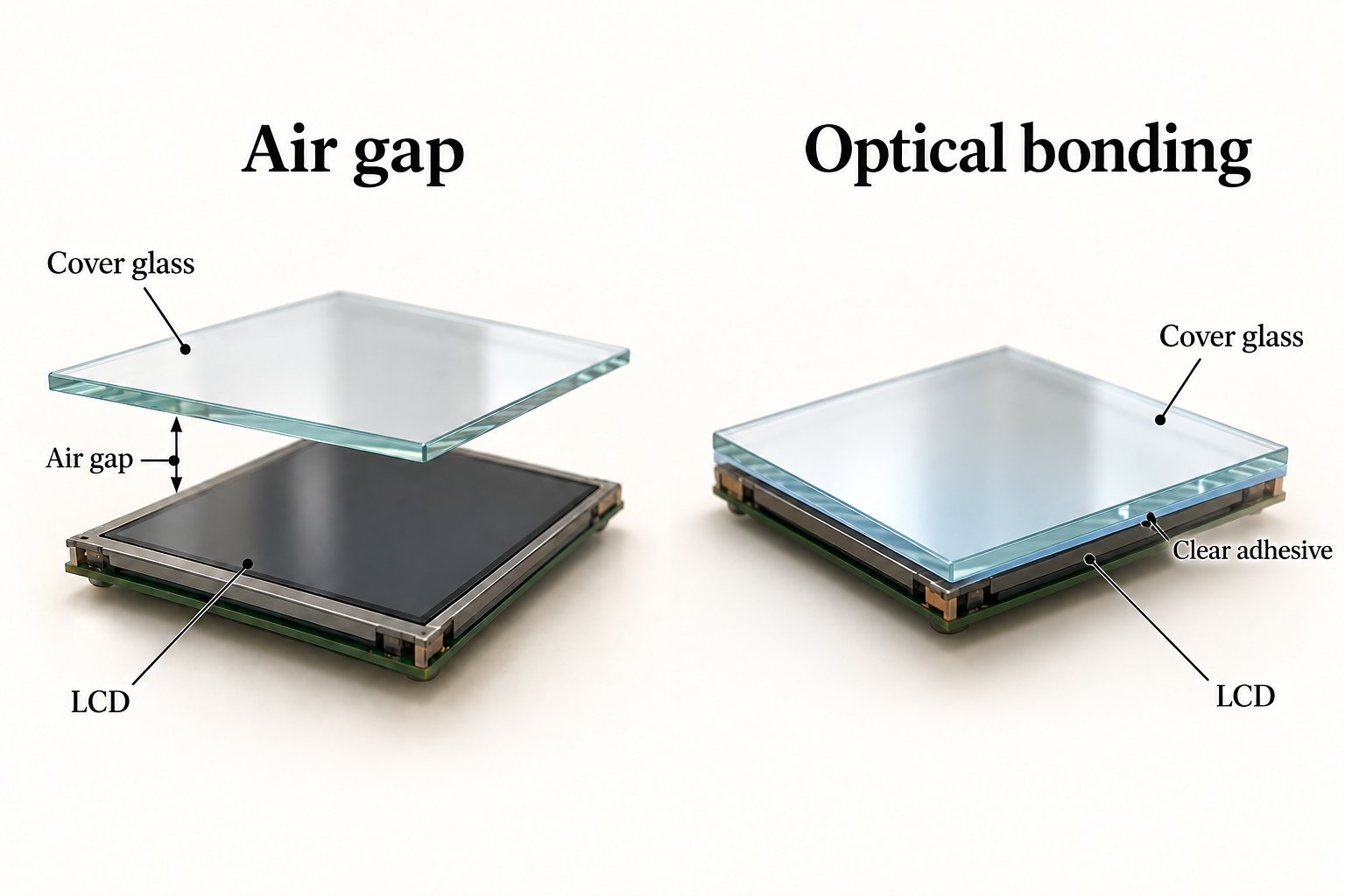 Cutaway comparison of cover glass above an LCD with an air gap or a clear optical adhesive between the layers.