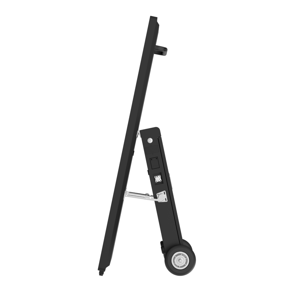 Side view of outdoor battery display with foldable support and wheels