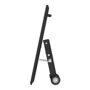 Side view of outdoor battery display with foldable support and wheels