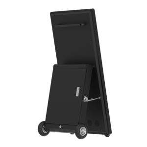 Rear-side view of outdoor battery display with foldable support and wheels