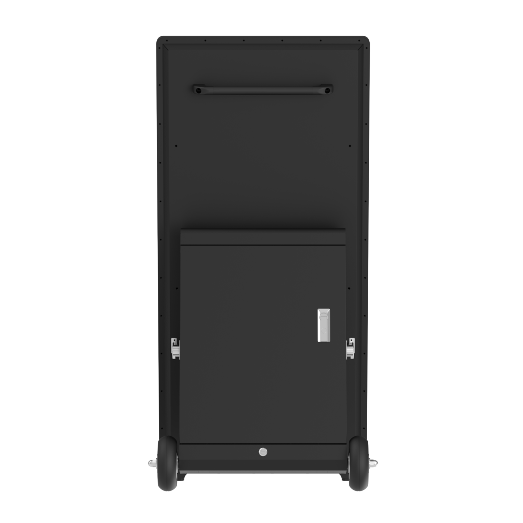 Rear view of outdoor battery display with enclosed cabinet and wheelsRear view of outdoor battery display with enclosed cabinet and wheels