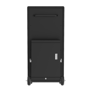 Rear view of outdoor battery display with enclosed cabinet and wheelsRear view of outdoor battery display with enclosed cabinet and wheels
