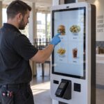 Un technicien portant un gant bleu fin touche une sélection de repas sur une borne de restaurant.
