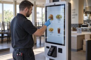 Un technicien portant un gant bleu fin touche une sélection de repas sur une borne de restaurant.