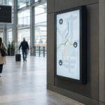 A portrait information display with a dark metal frame is mounted beside a walking route in a public transport concourse.