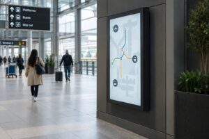 A portrait information display with a dark metal frame is mounted beside a walking route in a public transport concourse.