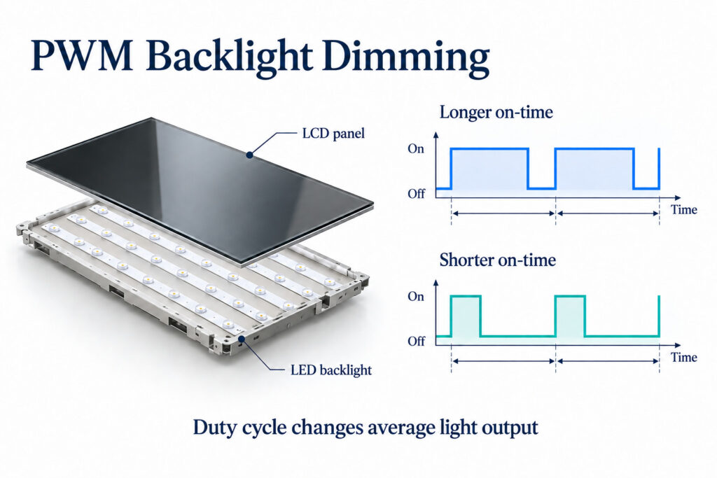 LCD y retroiluminación led explotadas junto a diagramas de pulso de igual período que muestran tiempos de encendido más largos y más cortos.
