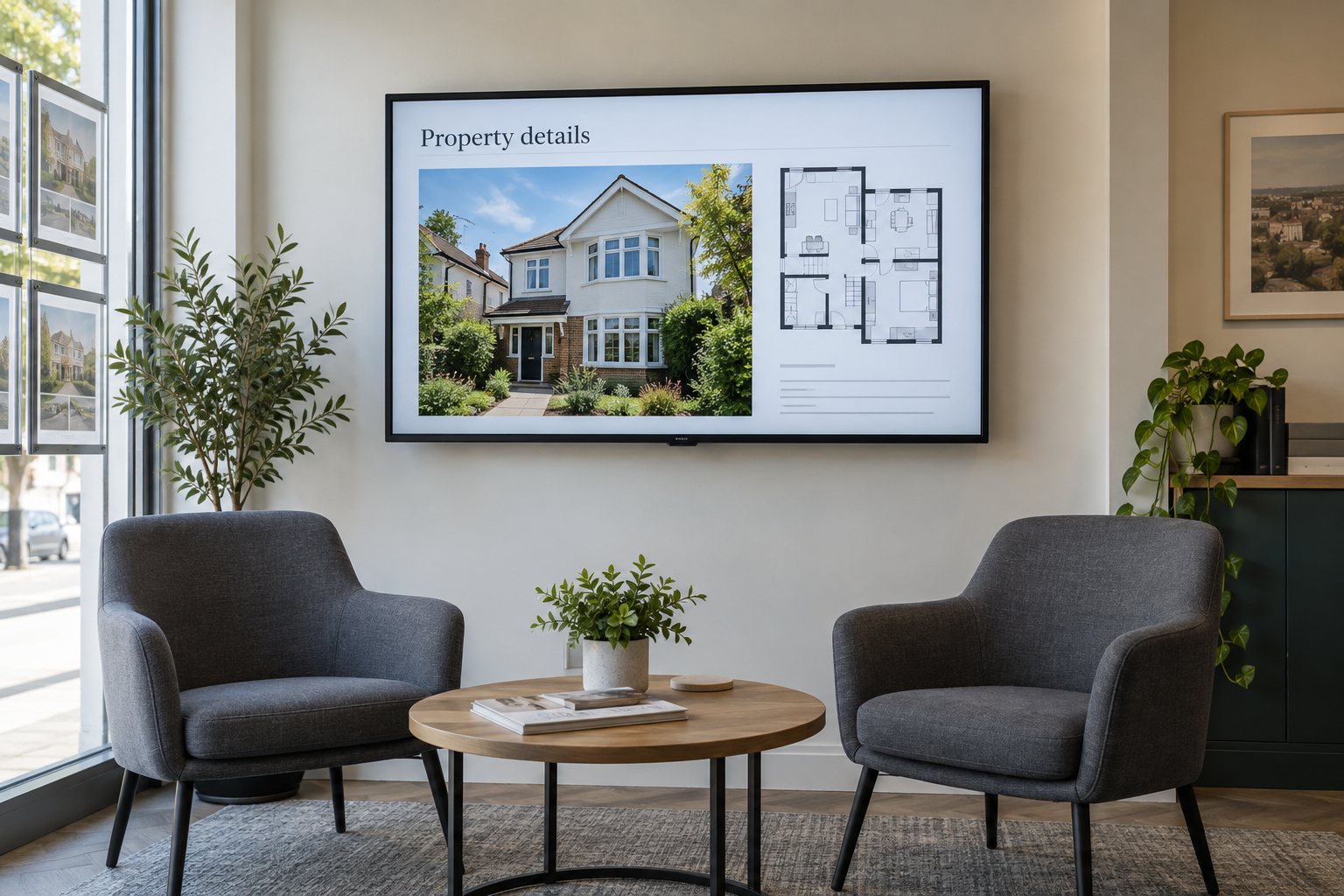 A wall-mounted commercial screen above two meeting chairs shows a house photograph and a floor plan.