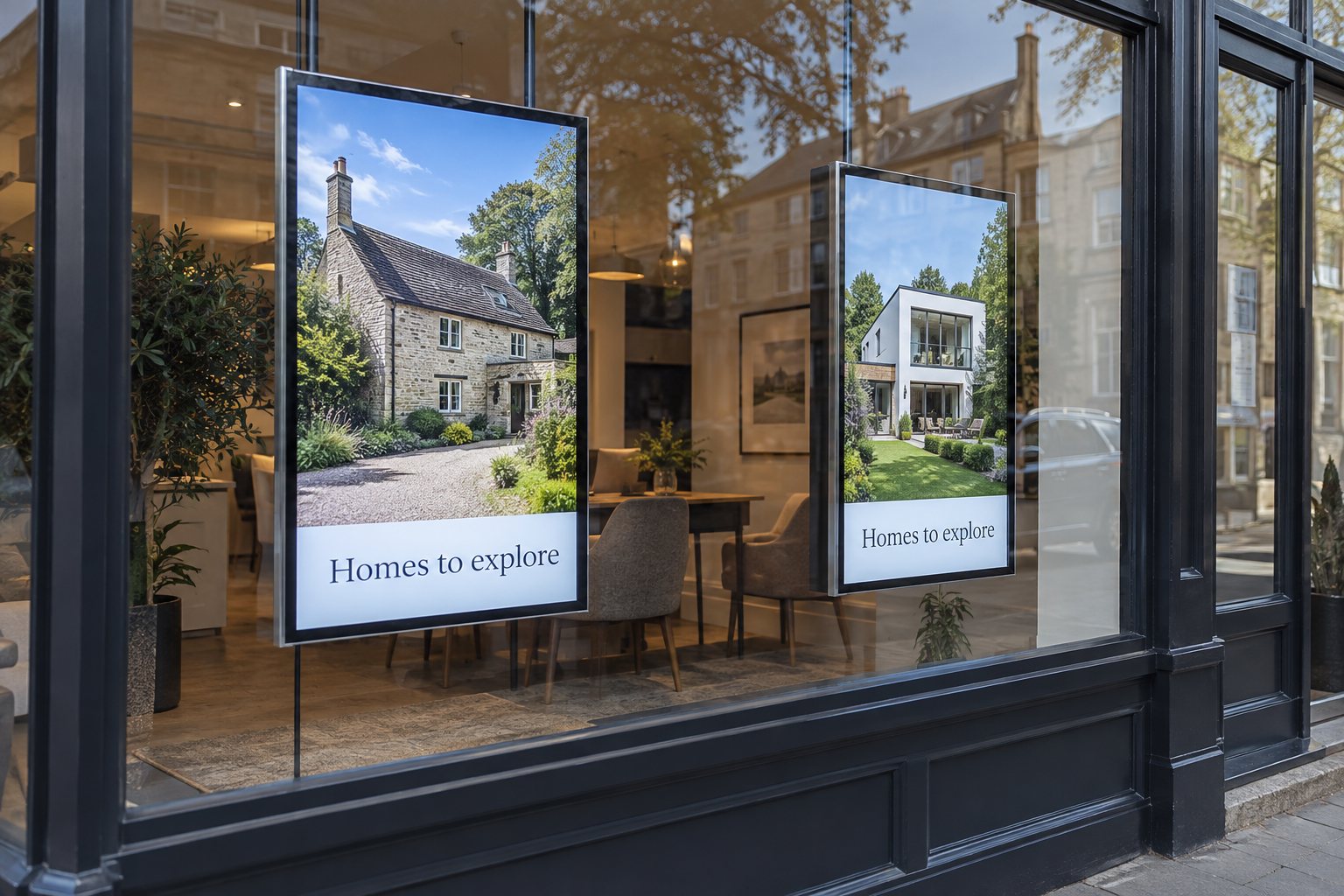 Two portrait commercial displays inside a property agency window show house photographs and a Homes to explore message.