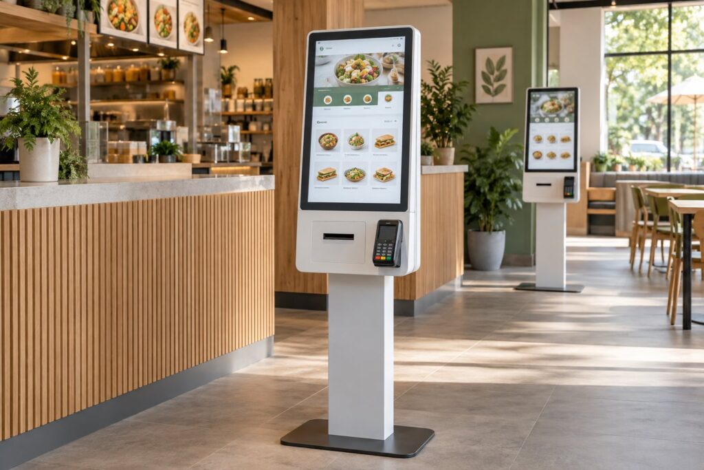 Two restaurant ordering kiosks with touchscreens, receipt slots and payment readers.