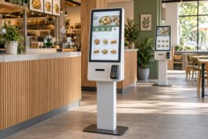 Two restaurant ordering kiosks with touchscreens, receipt slots and payment readers.