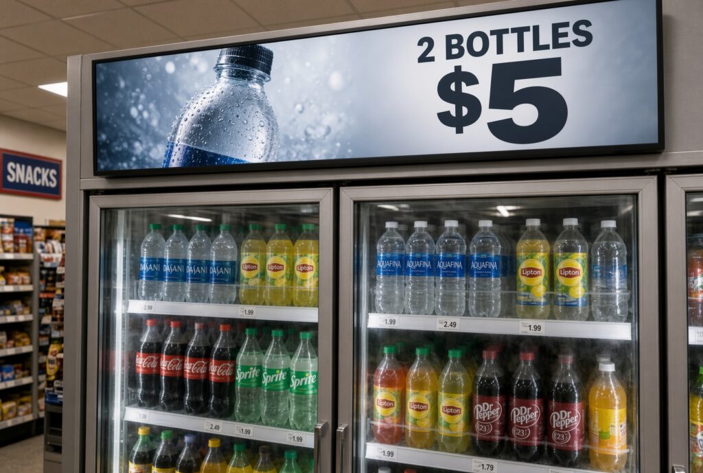Stretch bar LCD display on refrigerated beverage cooler showing water bottle with condensation and 2 bottles for $5 promotional offer