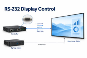 Un controlador AV intercambia comandos y respuestas RS-232 con una pantalla comercial mientras un reproductor separado envía video HDMI.