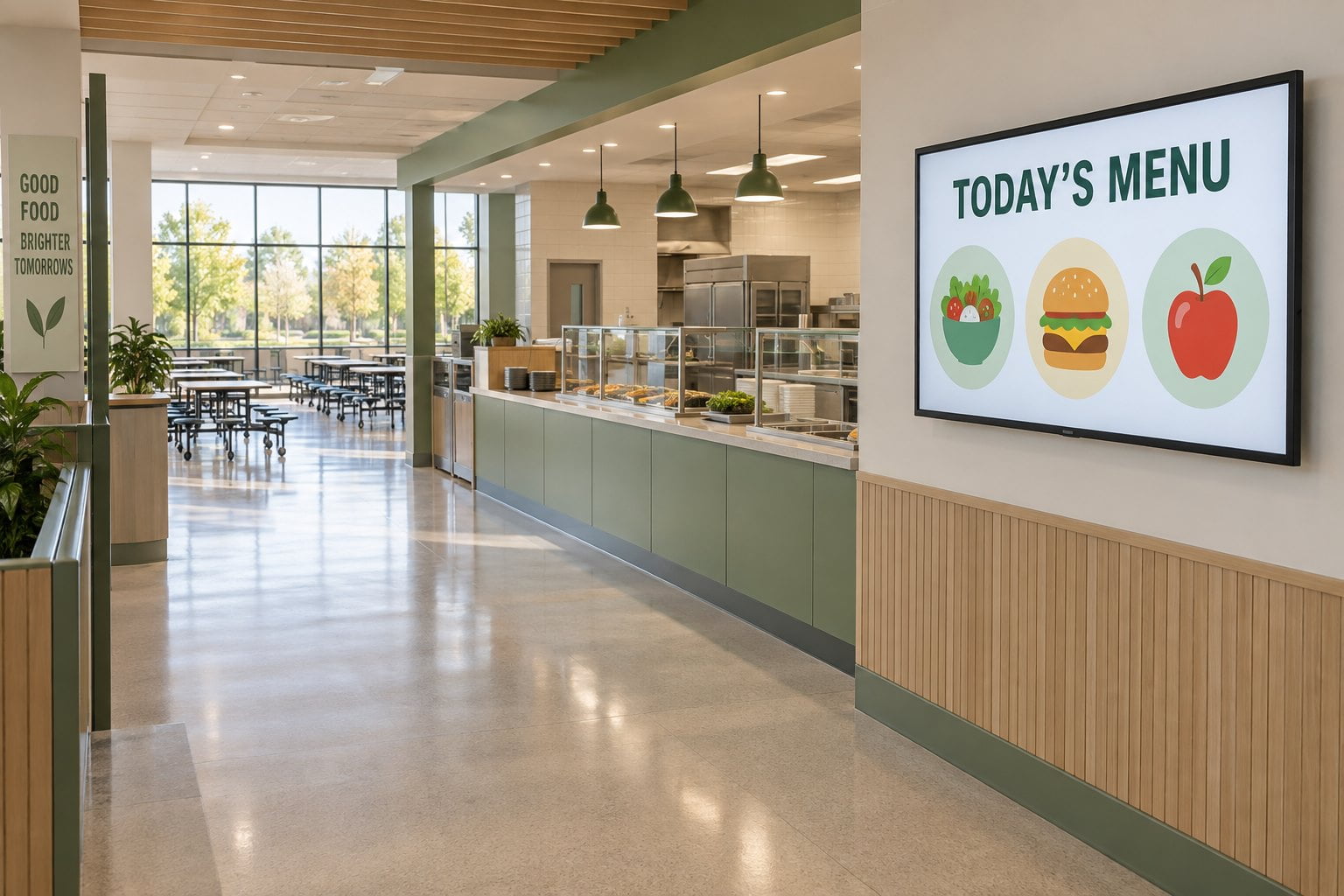 Wall-mounted school cafeteria display showing today's menu beside an unobstructed service entrance