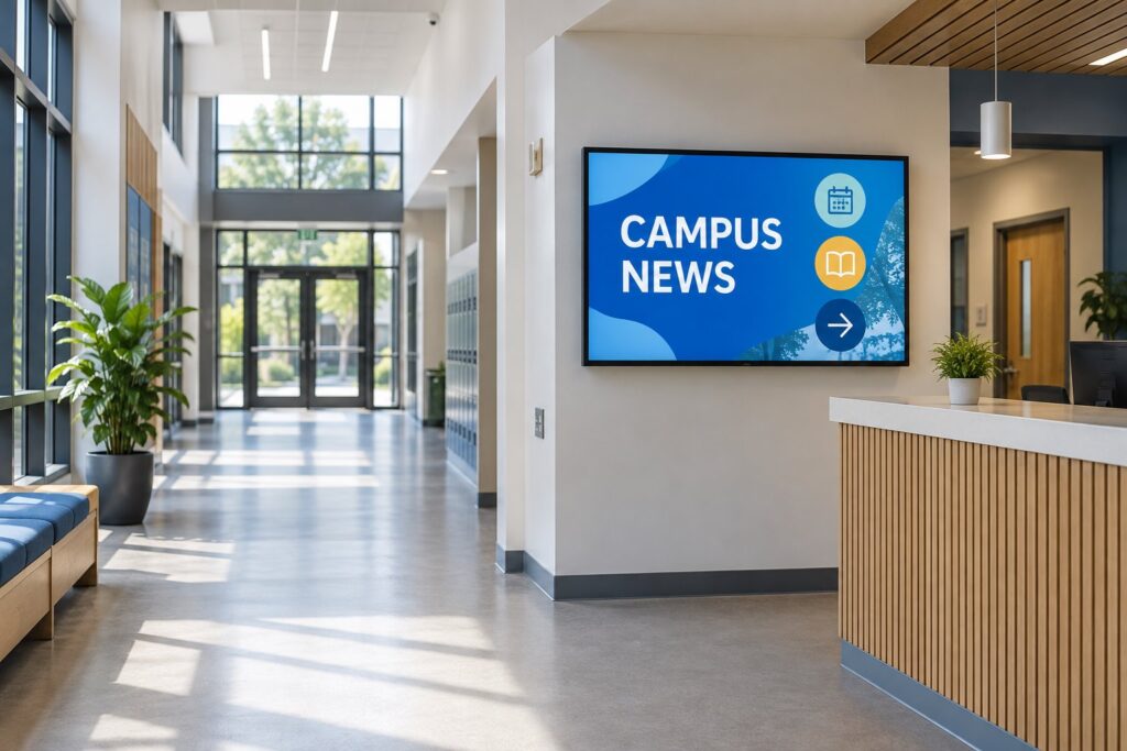 Wall-mounted campus news display beside a school reception area