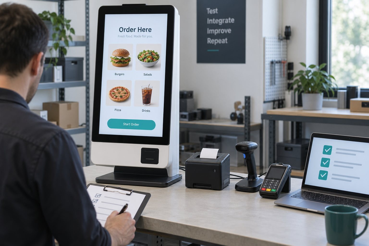 Technician testing a kiosk beside a receipt printer, barcode scanner, payment reader and laptop.