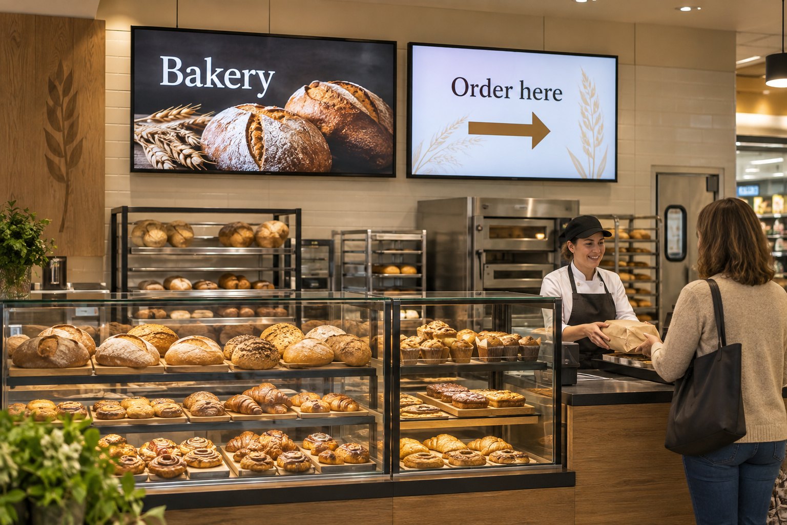 Two wall-mounted commercial displays above a bakery counter show bread imagery and an Order here direction.