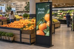 A floor-standing commercial advertising display beside supermarket oranges shows a fresh produce message.