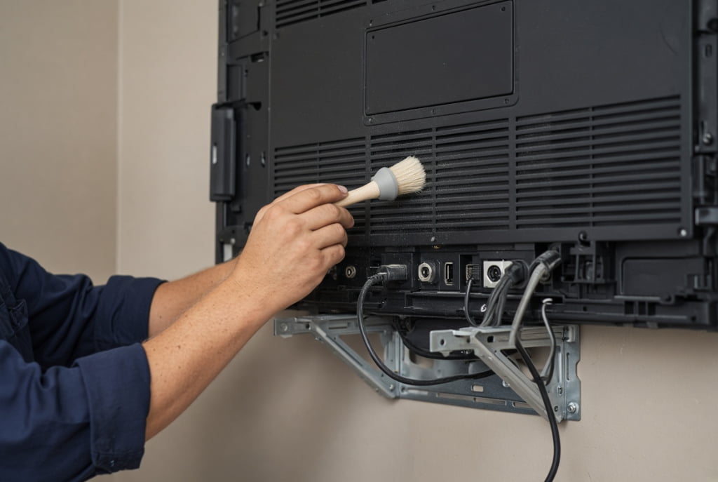 Professional technician using soft brush to clean and maintain back panel ventilation ports of wall-mounted digital signage display