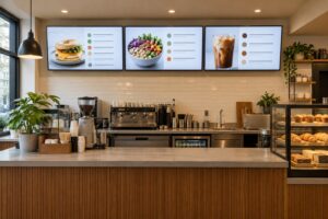 Three landscape digital menu screens showing food and drink layouts above a cafe counter.