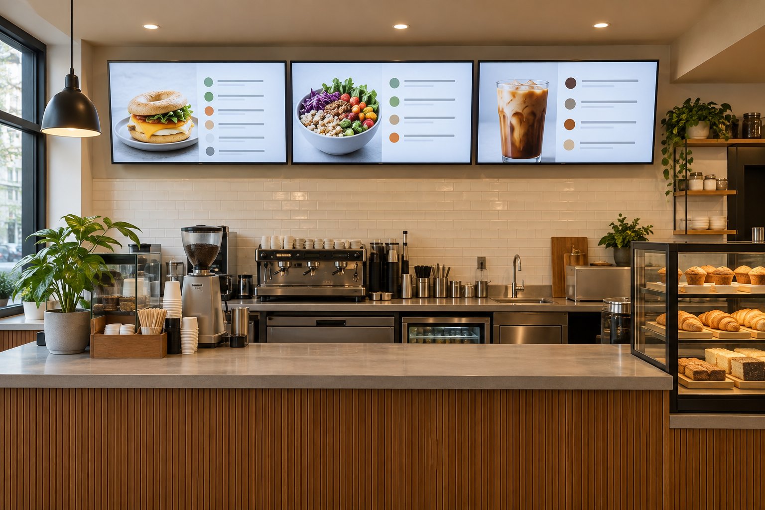 Three landscape digital menu screens showing food and drink layouts above a cafe counter.
