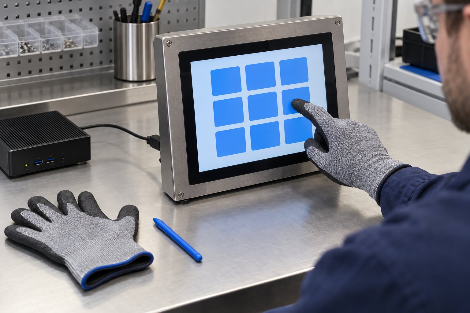 Technician wearing a work glove tapping a grid of targets on a commercial touchscreen at a workbench