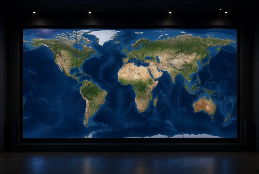 0.88mm ultra-narrow bezel LCD video wall displaying seamless high-definition world map with minimal visible gaps between screens