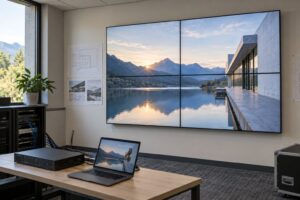A four-panel LCD video wall shows one landscape image, with a controller and laptop on the desk in front.