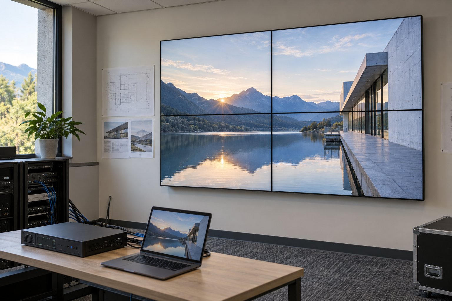 A four-panel LCD video wall shows one landscape image, with a controller and laptop on the desk in front.