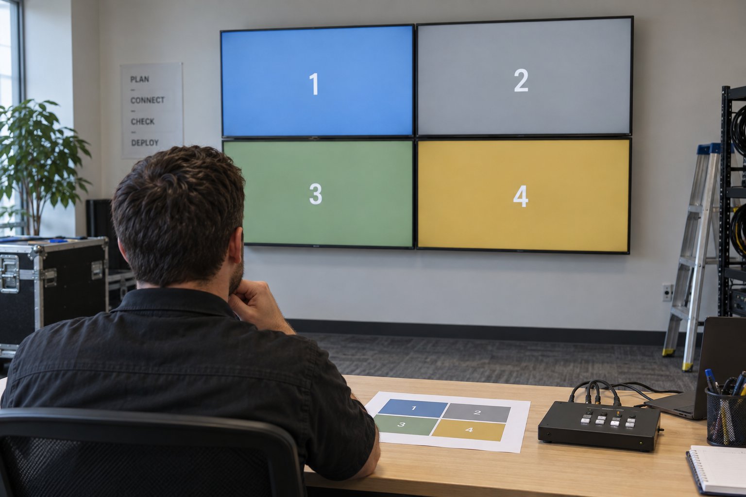 A technician compares a numbered four-panel video wall with a matching layout sheet on the desk.