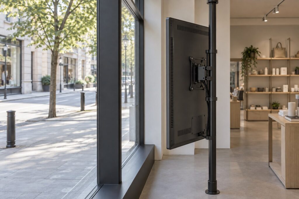 Rear of a portrait window display on a pole mount, with ventilation and cable routing visible.