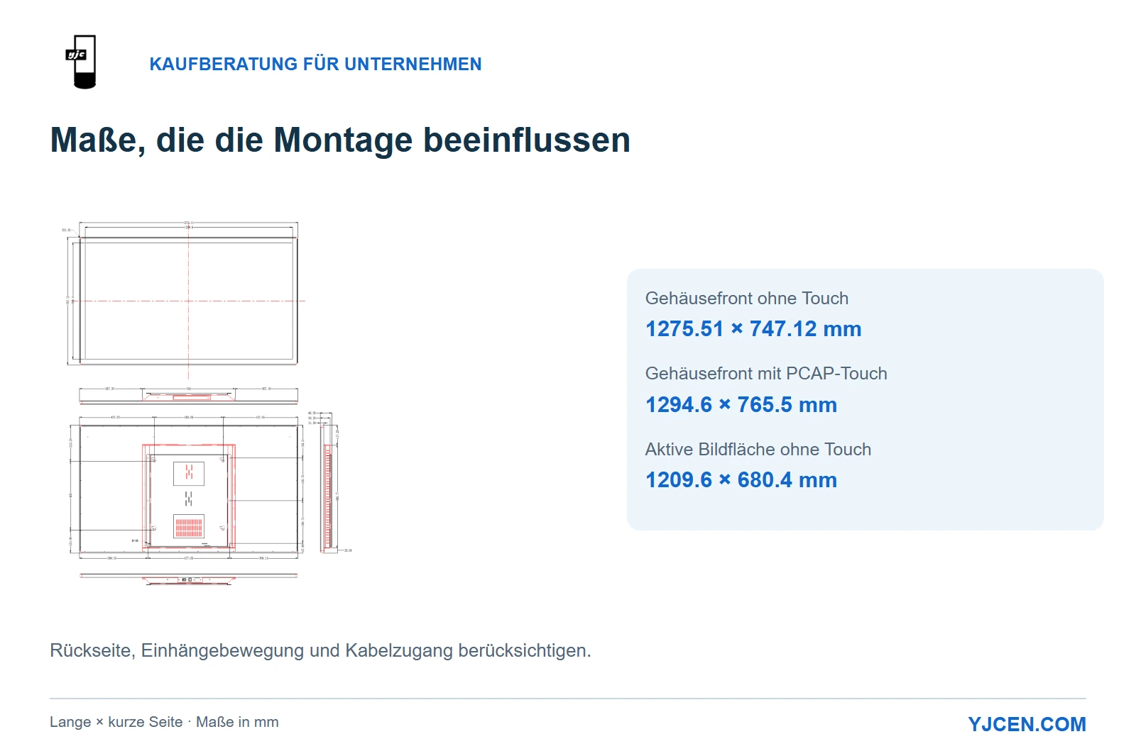 Originalzeichnung des 55-Zoll-Displays ohne Touch mit Gehäusefront und aktiver Bildfläche im Vergleich zur PCAP-Touch-Gehäusefront.