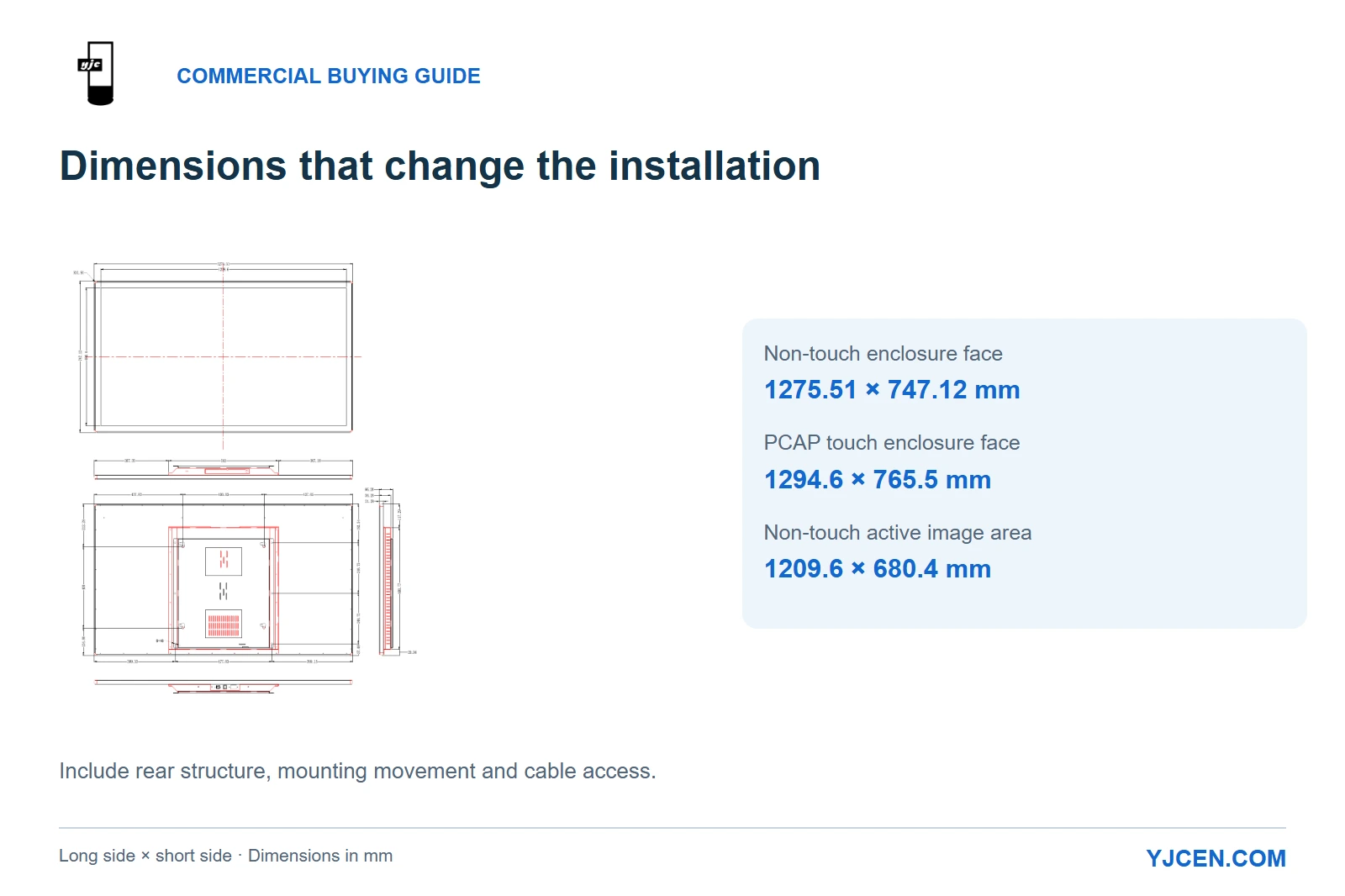 Original 55-inch non-touch display drawing with enclosure face, active image area and a comparison to PCAP touch enclosure dimensions.