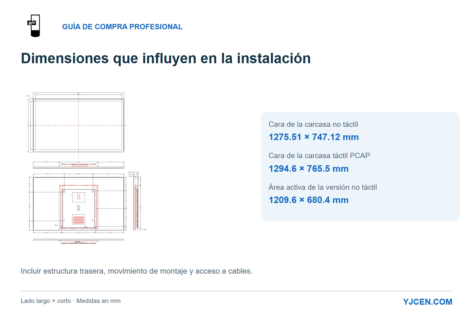 Plano original no táctil de 55 pulgadas con cara de carcasa, área activa y comparación dimensional con la versión táctil PCAP.