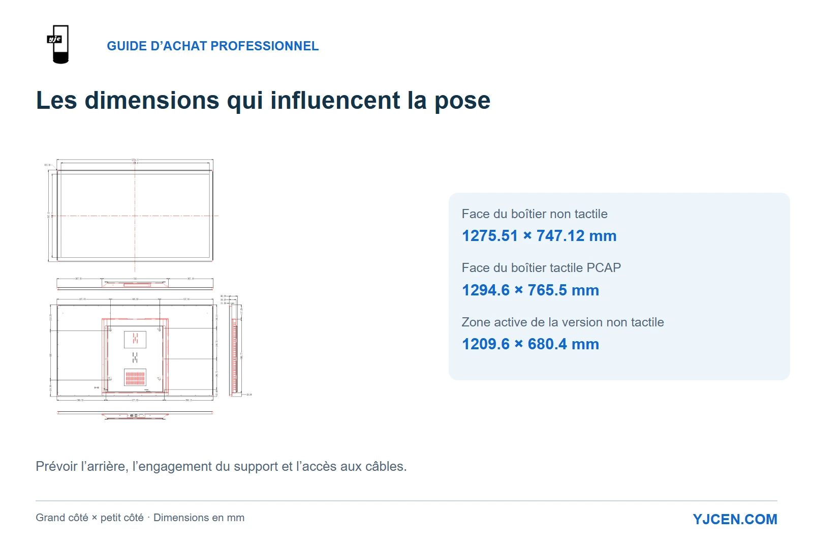 Plan original du 55 pouces non tactile avec face du boîtier, zone active et comparaison aux dimensions de la version tactile PCAP.