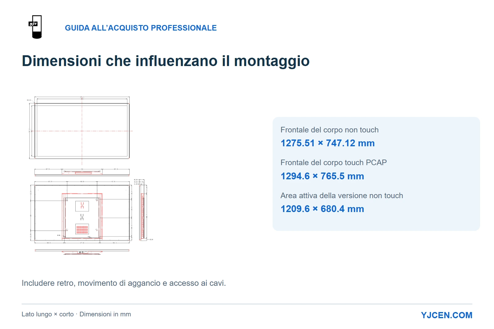Disegno originale del 55 pollici non touch con frontale, area attiva e confronto delle dimensioni con il corpo touch PCAP.