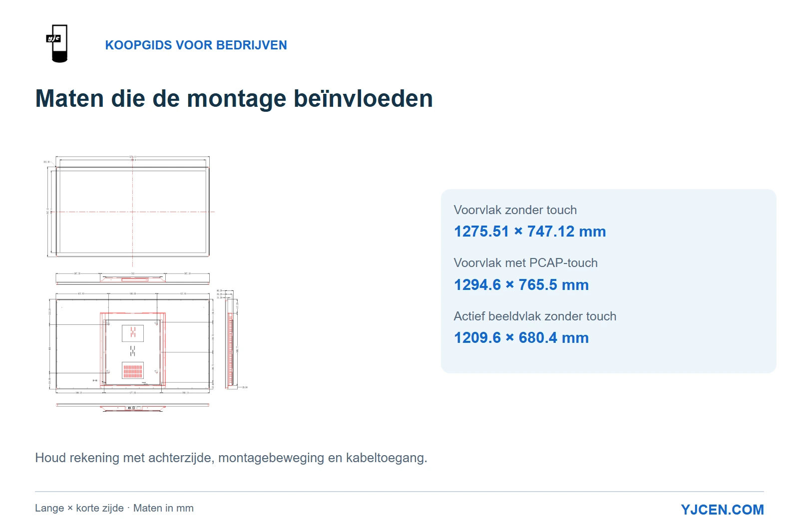Originele tekening van het 55-inch scherm zonder touch met behuizingsvoorvlak, actief beeldoppervlak en vergelijking met PCAP-touch-maten.