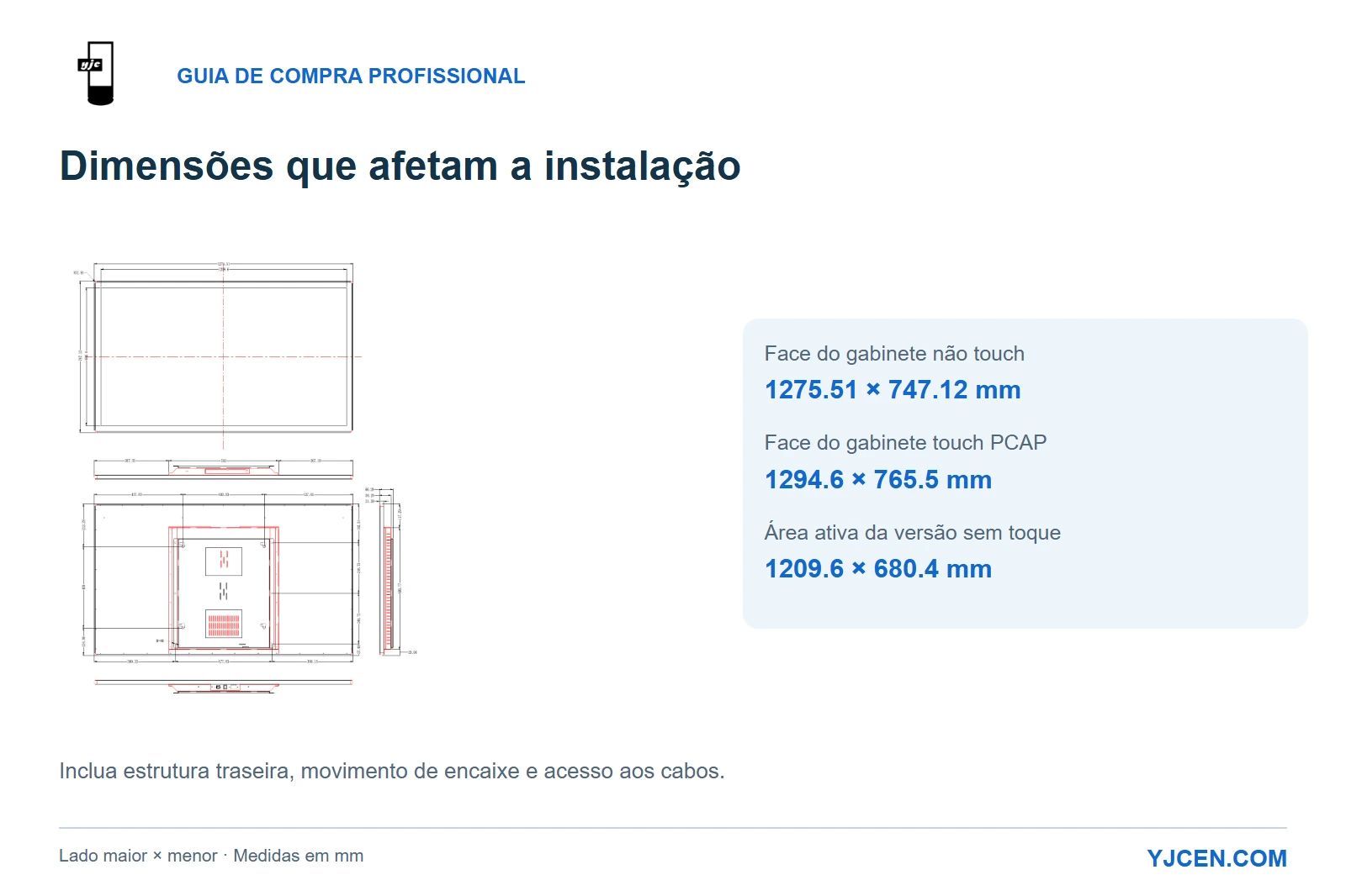 Desenho original da tela de 55 polegadas não touch com face do gabinete, área ativa e comparação dimensional com a versão touch PCAP.