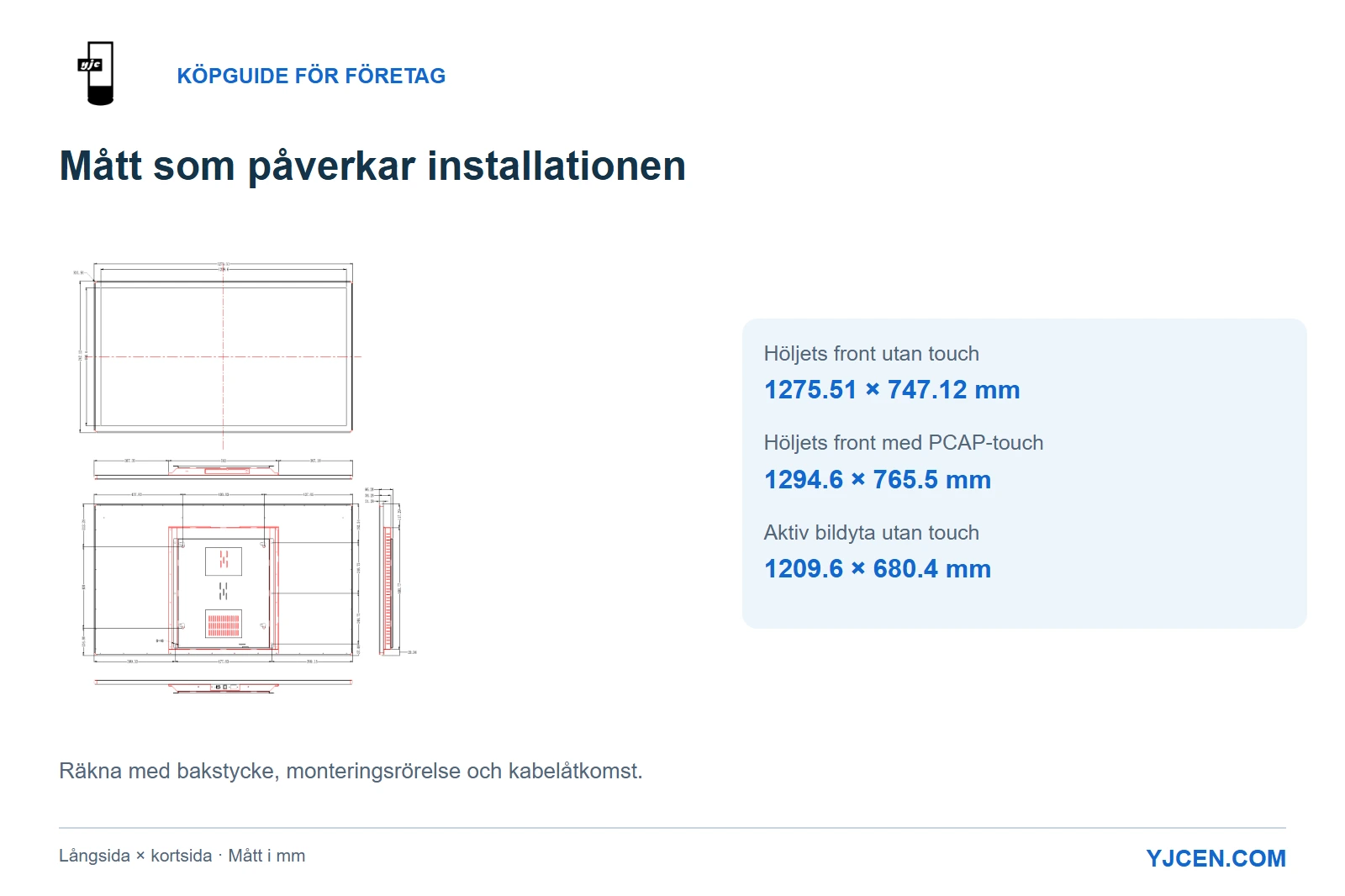 Originalritning av 55-tumsskärmen utan touch med höljesfront, aktiv bildyta och jämförelse med PCAP-touch-höljets mått.
