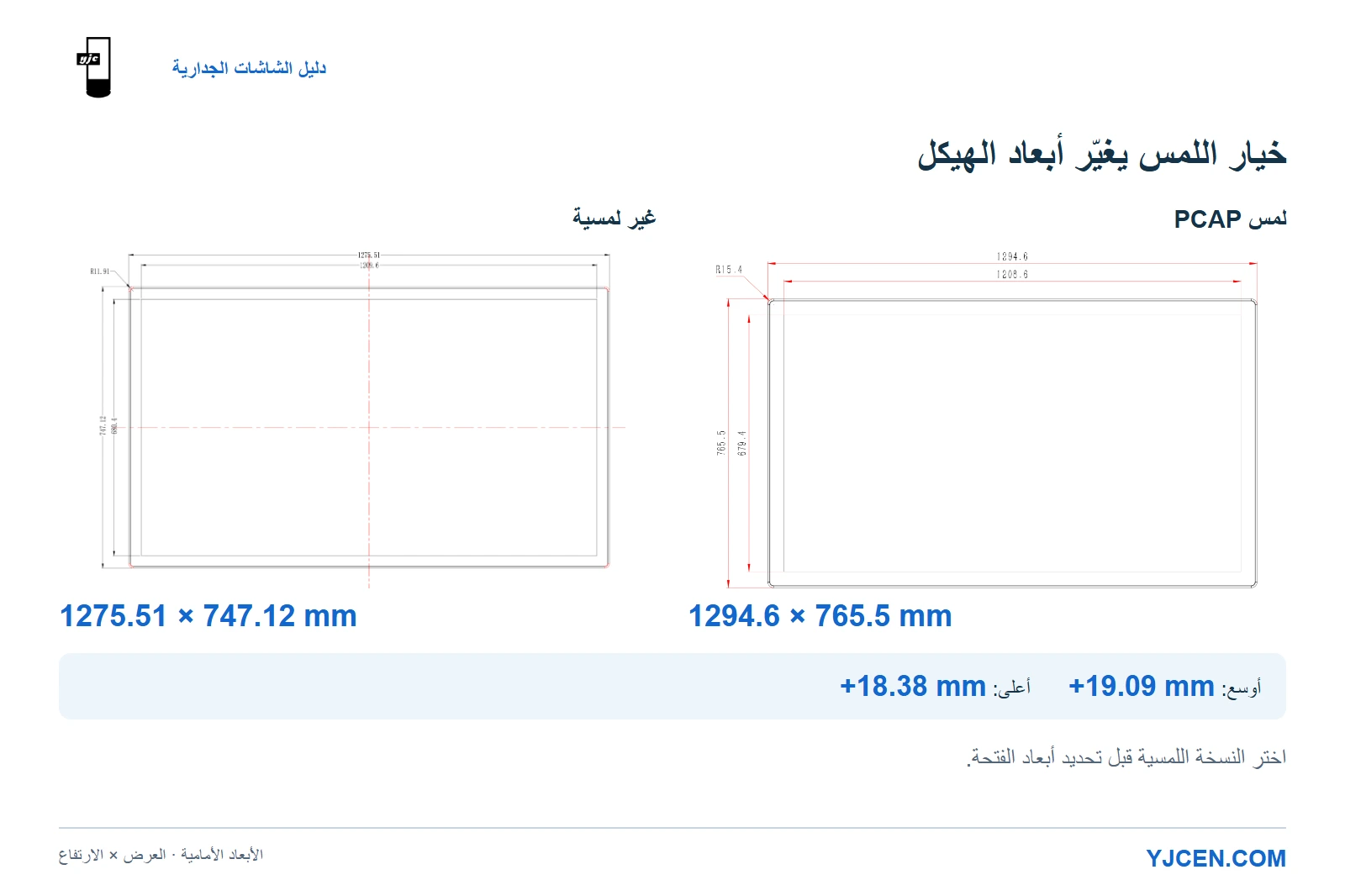المناظر الأمامية الأصلية لشاشتي 55 بوصة غير اللمسية وPCAP اللمسية، مع أبعاد الهيكل وفروق الأبعاد المحسوبة.