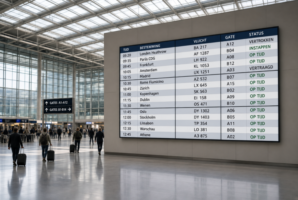 Illustratie van een LCD-videowall met vluchtinformatie in een luchthaventerminal