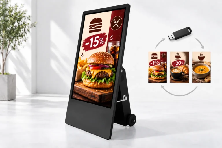 Illustration: Ein akkubetriebenes A-Aufsteller-Display zeigt ein Burgerangebot neben einem USB-Stick und wechselnden Café-Aktionsmotiven.